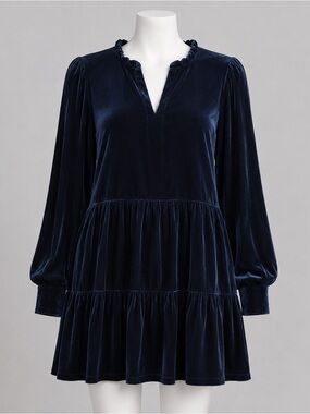 NWOT 1. State Sz L Navy Blue Boho Tier Skirt Baby Doll Holiday Cocktail Dress